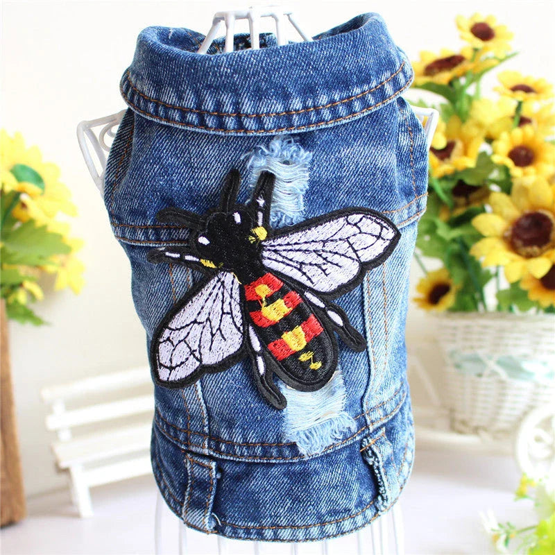 A stylish denim dog jacket with various design options for small breed canines