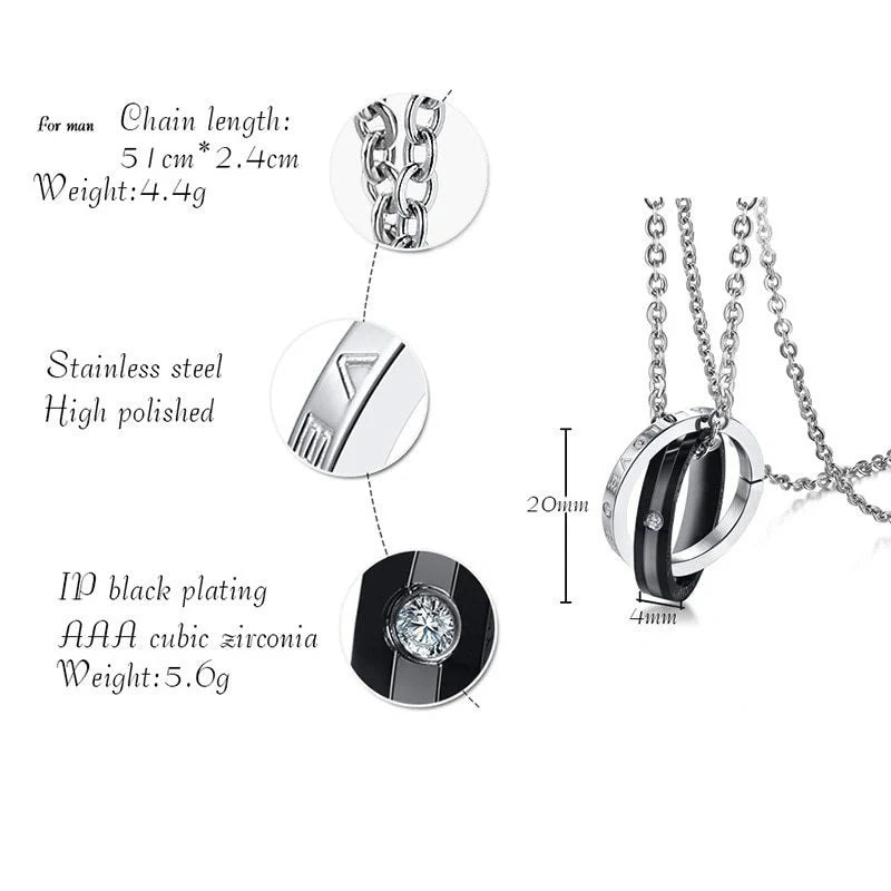Stainless steel couple necklace with black men's and rose gold women's versions