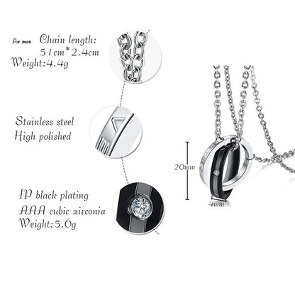 Stainless steel couple necklace with black men's and rose gold women's versions