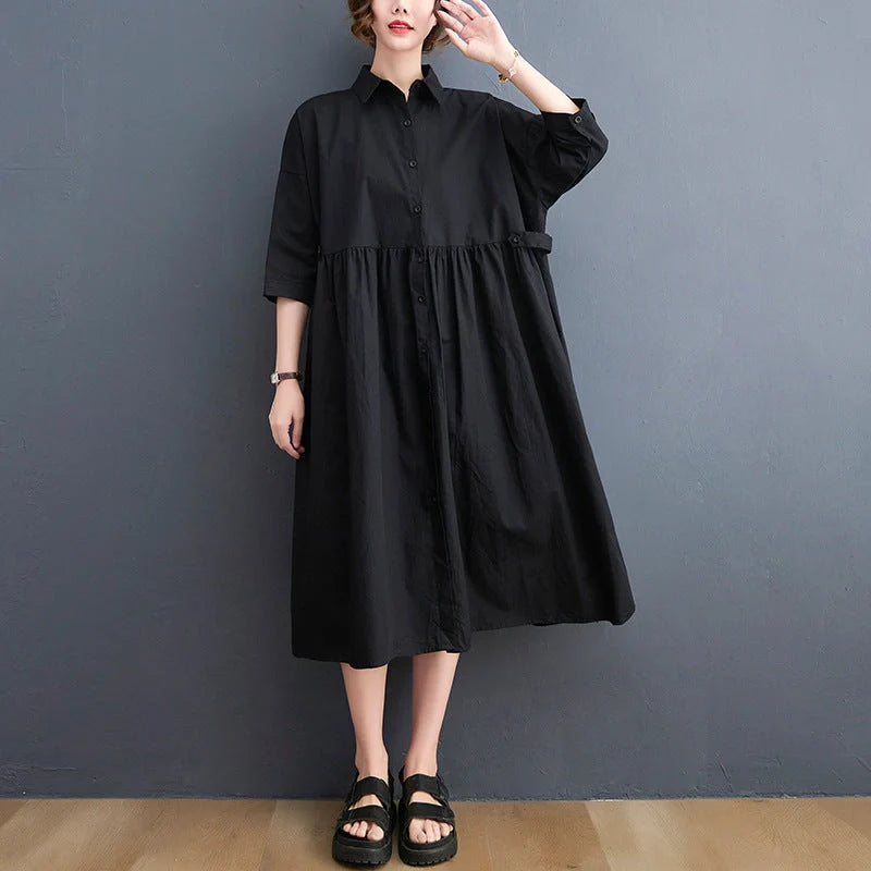 Casual linen short sleeve dress with polo collar in white and black