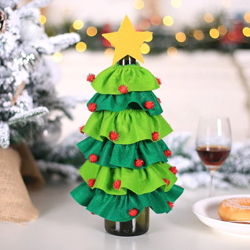 Christmas wine bottle cover with tree and ball decorations in red and green