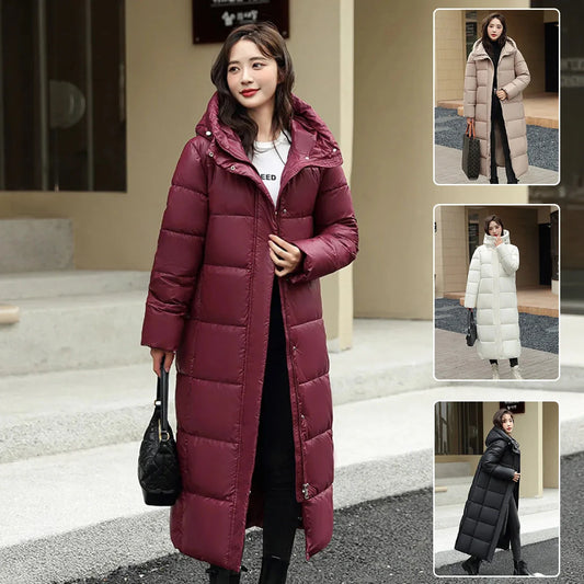 Women's super long down jacket in black, dark red, white, and khaki with hooded zipper for winter warmth