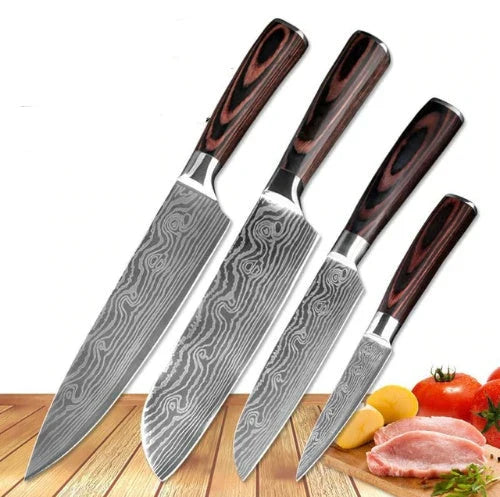 Premium 8-Piece Damascus Steel Kitchen Knife Set with Razor-Sharp Blades and Ergonomic Wooden Handles
