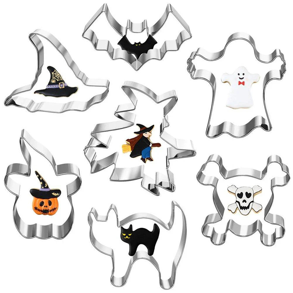 High-quality stainless steel Halloween-themed biscuit/cookie cutters in various spooky shapes like pumpkins, bats, cats, and skulls