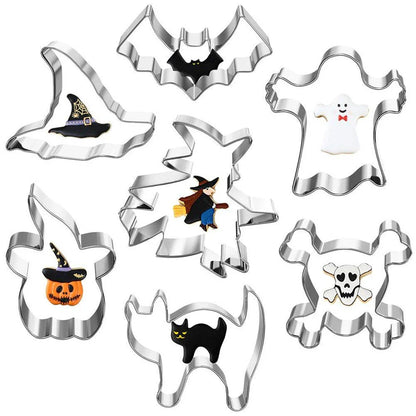 High-quality stainless steel Halloween-themed biscuit/cookie cutters in various spooky shapes like pumpkins, bats, cats, and skulls