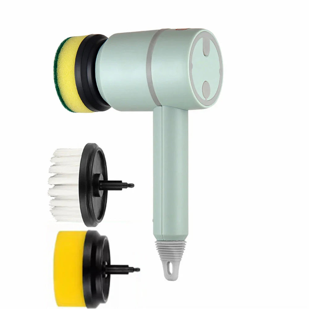 Powerful automatic cordless cleaning brush with interchangeable brush heads for cleaning kitchen, bathroom, and other surfaces