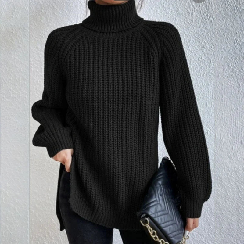 A stylish turtleneck pullover sweater with a unique split design, available in a variety of classic colours and sizes.