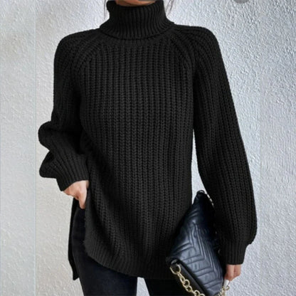A stylish turtleneck pullover sweater with a unique split design, available in a variety of classic colours and sizes.