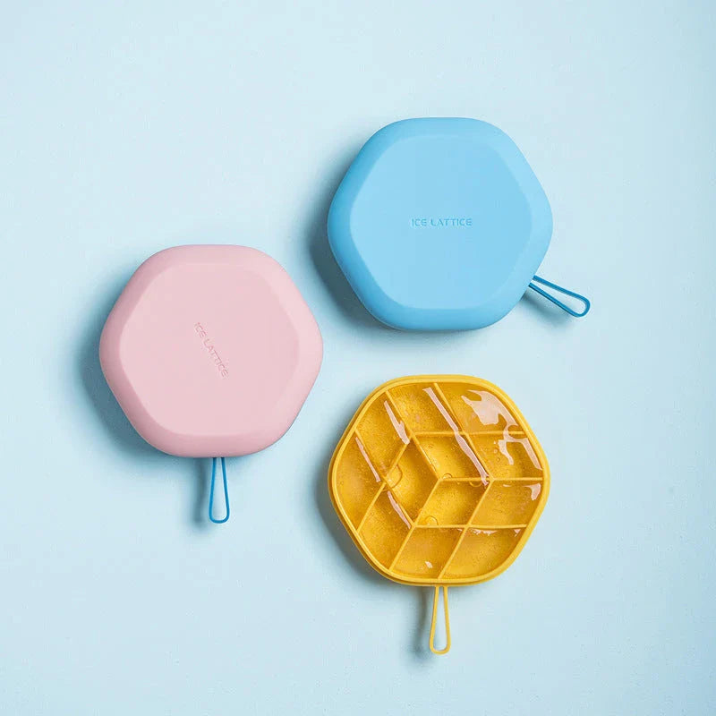 Silicone hexagon-shaped 3D ice cube tray with lid, available in various colours