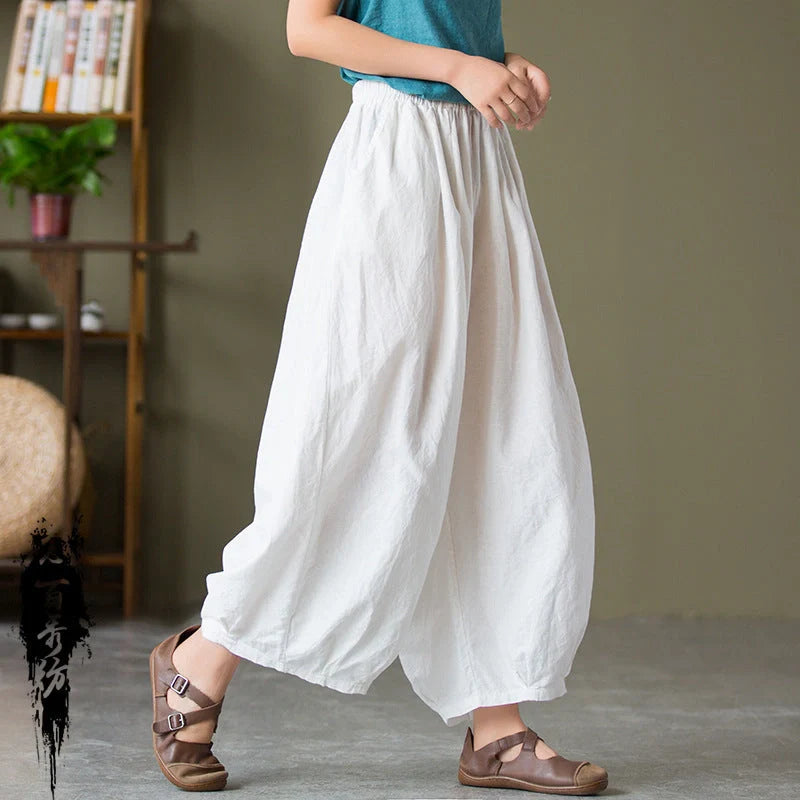 Women's sand-washed linen cotton bloomers in dark coffee, dark green, plain white, and jet black