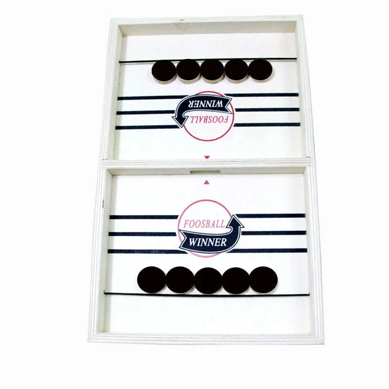 Premium solid wood puck slinging game with smooth playing surface and precision-engineered wooden pucks for interactive family fun