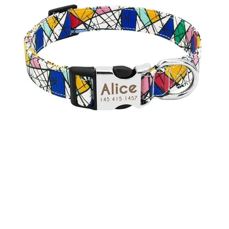 Customisable nylon dog collar with engraved dog tag in various colours