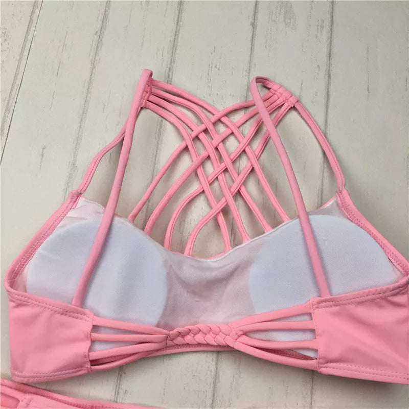 Pink bandage cut-out halter bikini swimsuit for women with stylish design