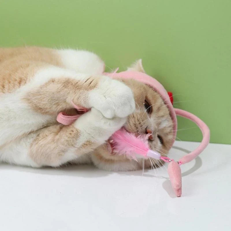 Adjustable head wearing feather funny cat stick toy for indoor play