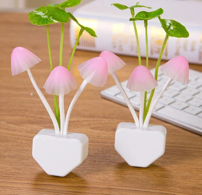 Colour-changing LED Mushroom Light with sensor in white ceramic pot