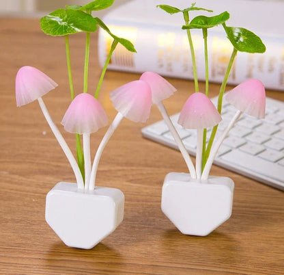 Colour-changing LED Mushroom Light with sensor in white ceramic pot