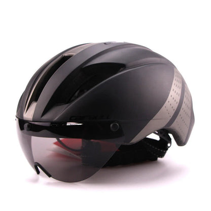 Aero cycling helmet with magnetic lens and adjustable fit for competitive cyclists