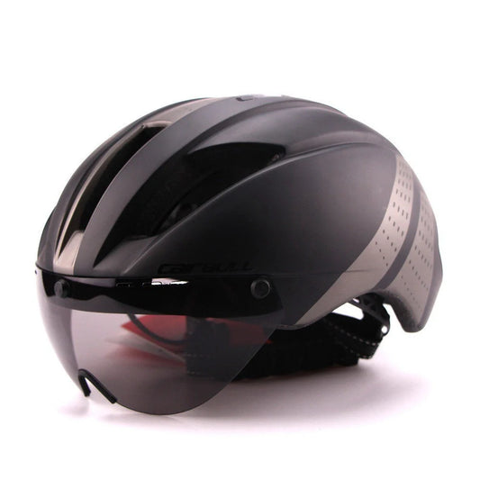Aero cycling helmet with magnetic lens and adjustable fit for competitive cyclists