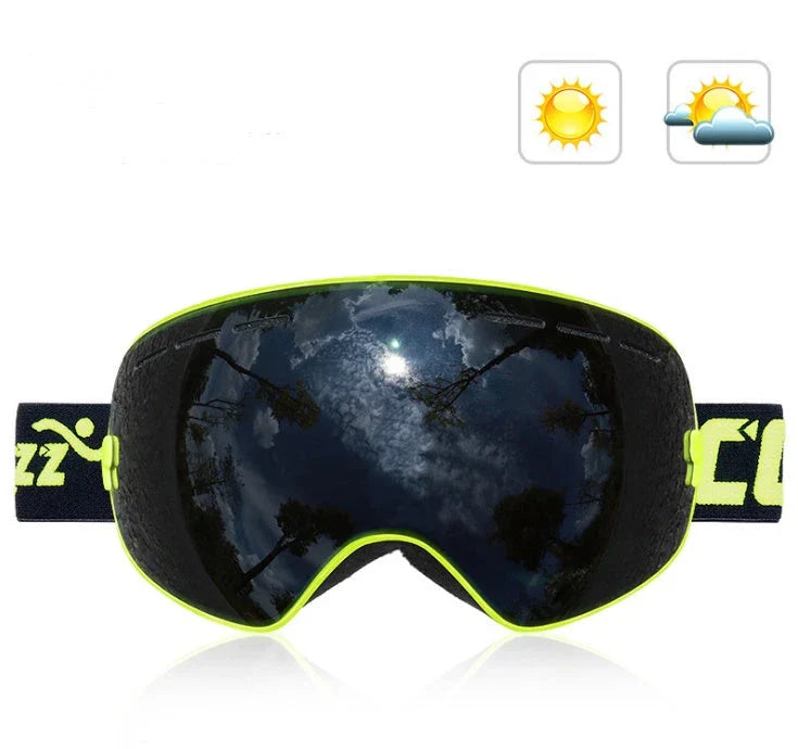 Premium ski goggles with anti-fog spherical lenses, available in a variety of frame and lens color options for winter sports enthusiasts.