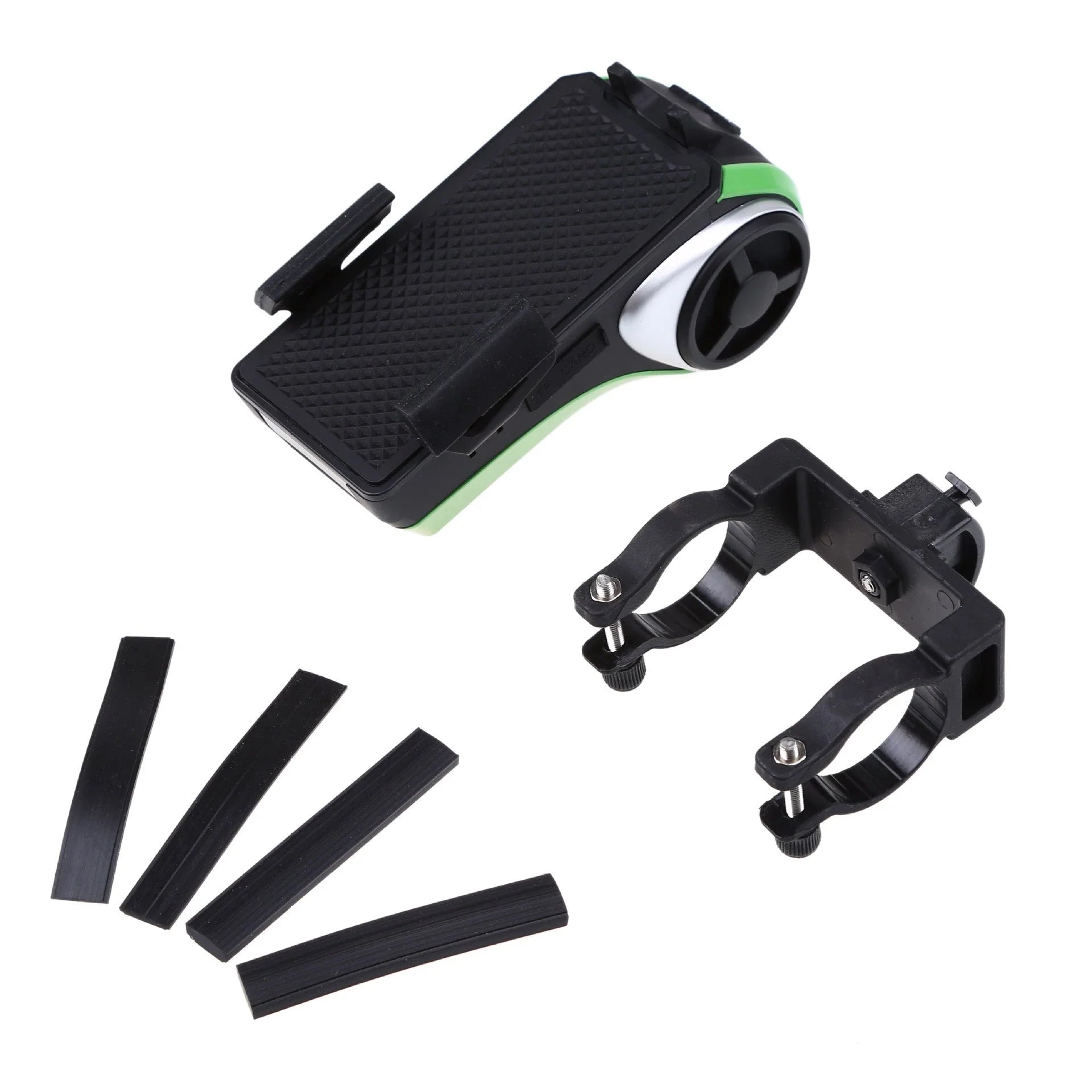 Versatile bicycle accessory with Bluetooth audio, LED lighting, power bank, phone holder, and ring bell
