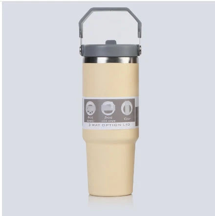 Stainless steel insulated tumbler with handle, available in multiple colors and sizes, designed to keep drinks hot or cold for hours.