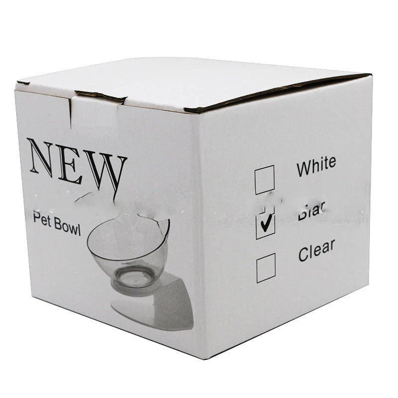 Elevated tilted pet bowl with non-slip stand in transparent, white, and black color options