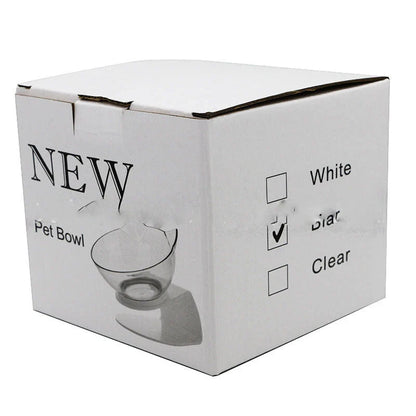 Elevated tilted pet bowl with non-slip stand in transparent, white, and black color options