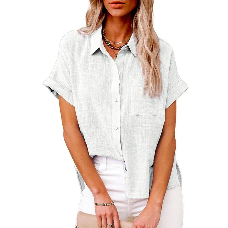 Women's cotton linen short-sleeved shirt with pocket in various colours