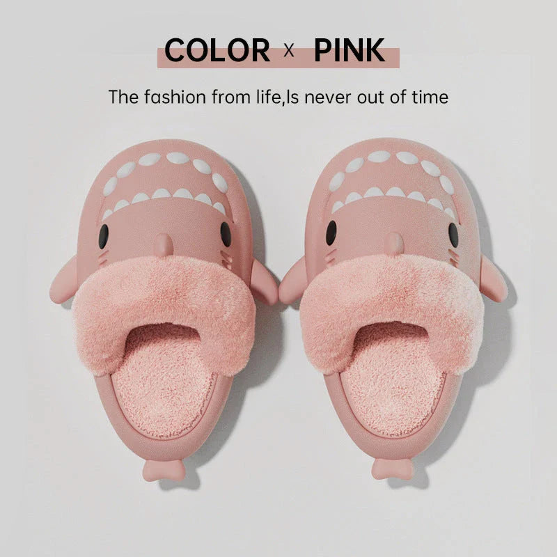 Cozy Shark Slippers with plush, fuzzy interior and thick, non-slip sole for comfortable, warm house shoes
