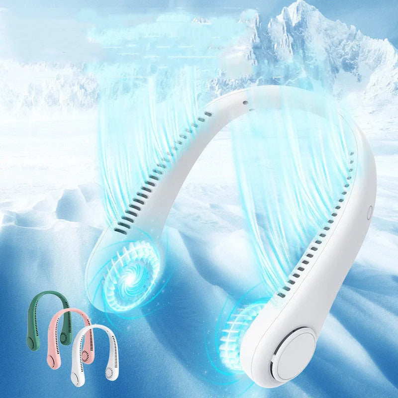 Hands-Free USB Rechargeable Neck Fan in white, pink, green, and blue with bladeless cooling technology