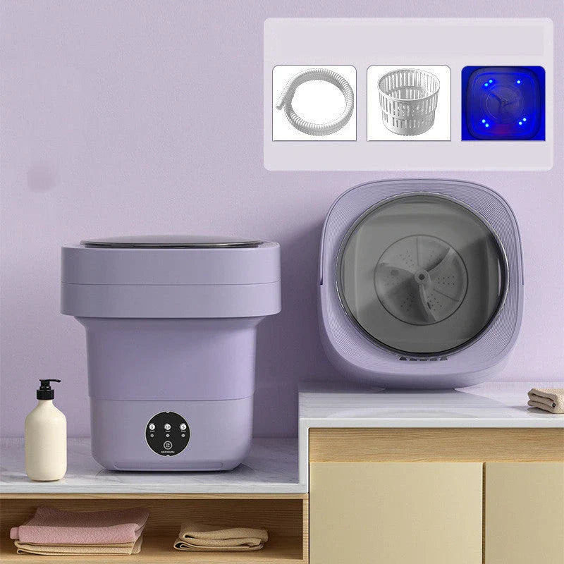 Compact folding washing machine for small spaces and travel, featuring a lightweight, portable design with powerful cleaning capabilities