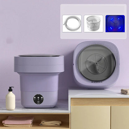 Compact folding washing machine for small spaces and travel, featuring a lightweight, portable design with powerful cleaning capabilities