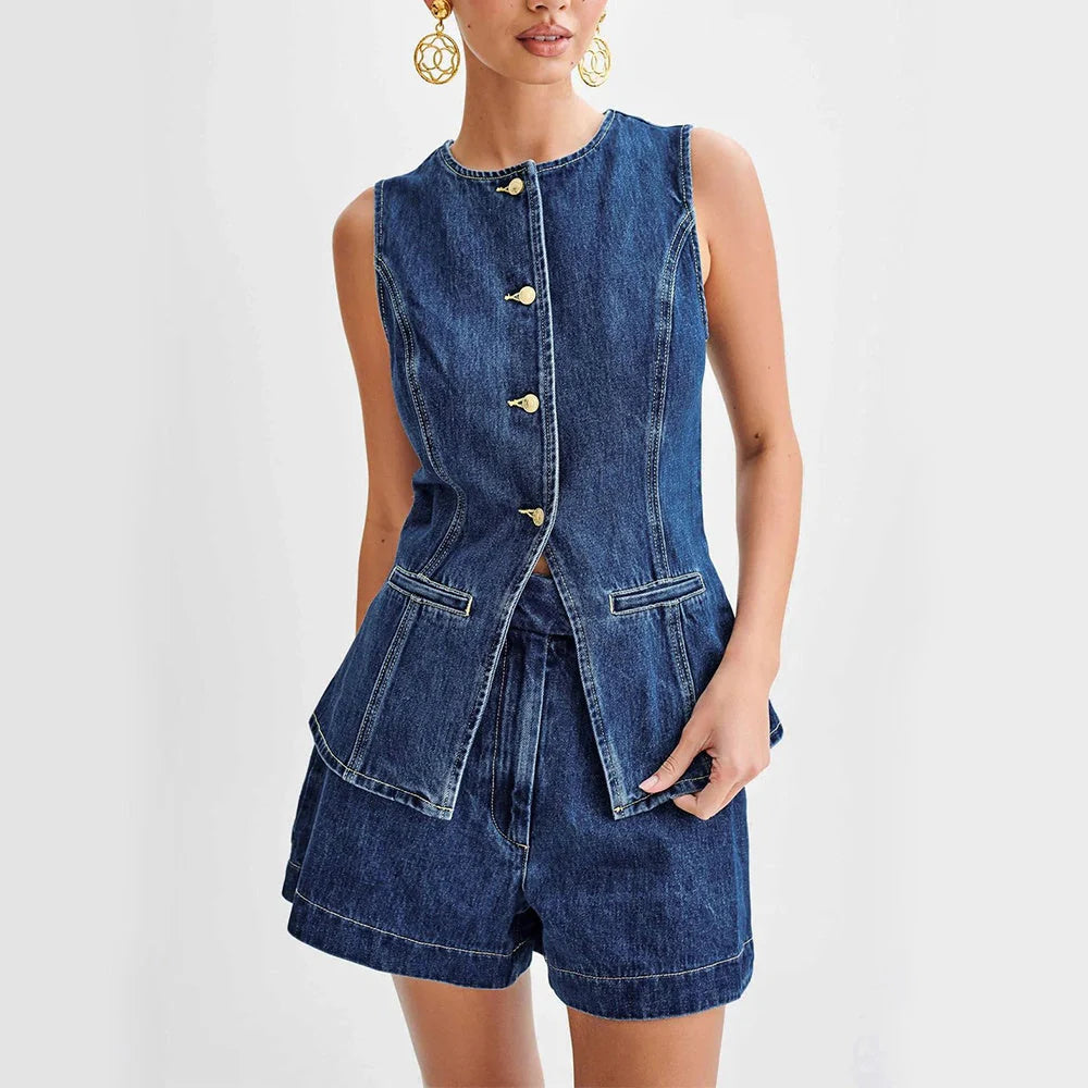 Stylish women's denim vest and high waist shorts set for summer casual wear