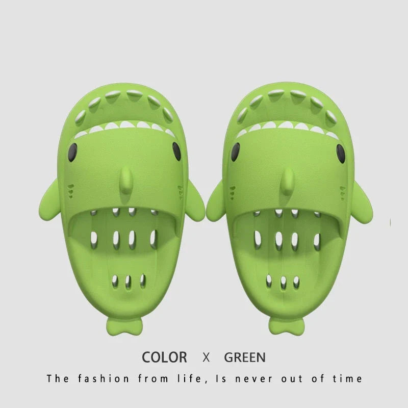 Fashionable shark-themed shower slides with drainage holes, featuring a realistic shark design, quick-drying EVA material, and non-slip traction.