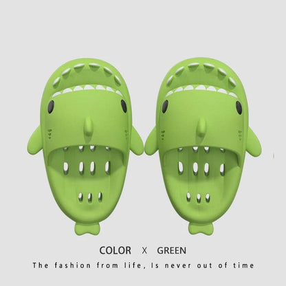 Fashionable shark-themed shower slides with drainage holes, featuring a realistic shark design, quick-drying EVA material, and non-slip traction.