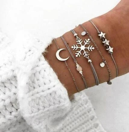Bead Chain Bracelet Set featuring star and moon design in alloy material