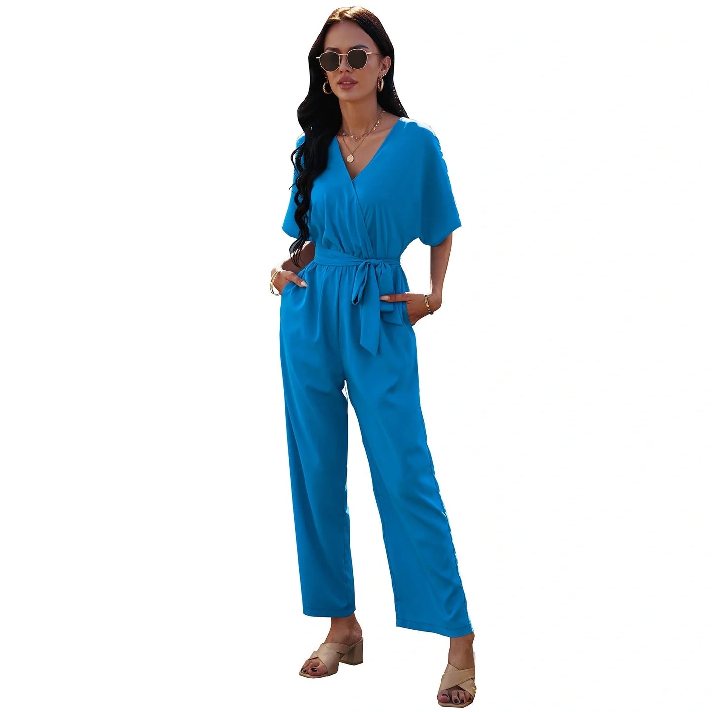 Women's V-neck tie waist jumpsuit in solid colours for summer wear