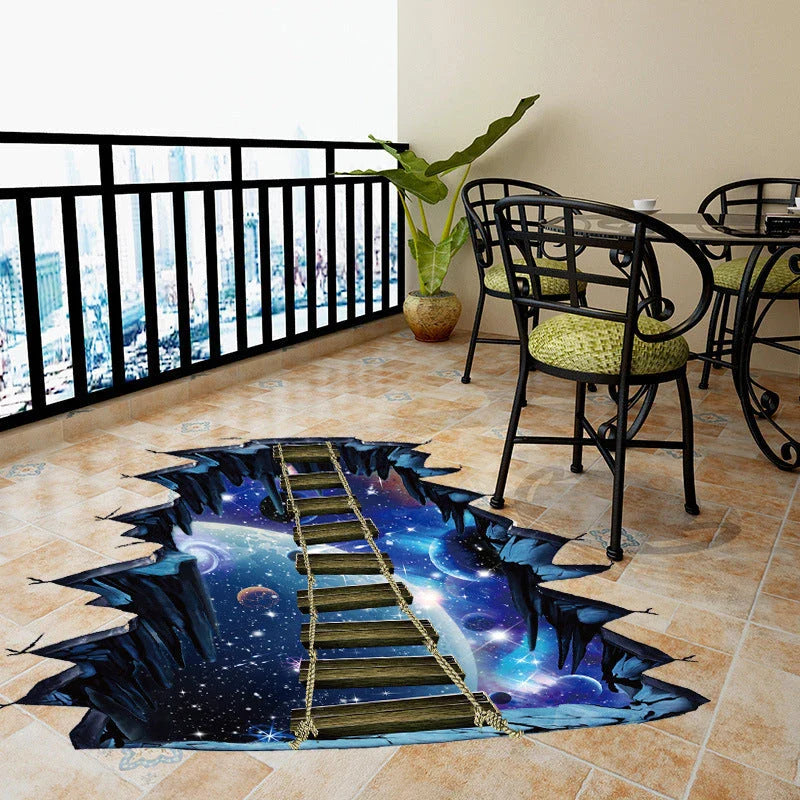 Vibrant 3D wall sticker featuring a creative cosmic design with planets, suspension bridge, and space elements