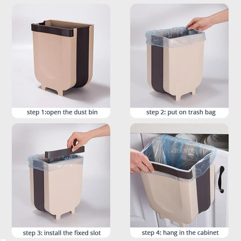 Foldable wall-mounted bin in brown and white colours, with a spacious 9-litre capacity and a sleek, space-saving design