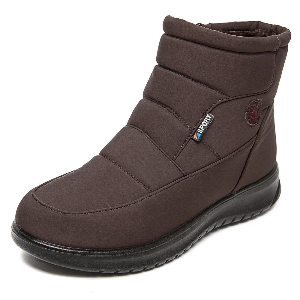 Women's waterproof snow boots in red, black, and brown with non-slip soles