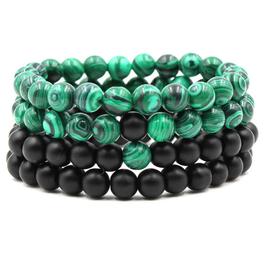Classic black matte green malachite bracelets with elastic strand for unisex wear