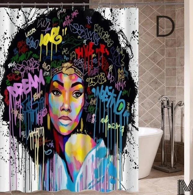 Vibrant African-inspired shower curtain with portrait of a beautiful African girl wearing earrings and bold hairstyle