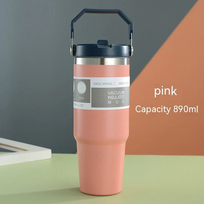 Stainless steel insulated tumbler with handle, available in multiple colors and sizes, designed to keep drinks hot or cold for hours.