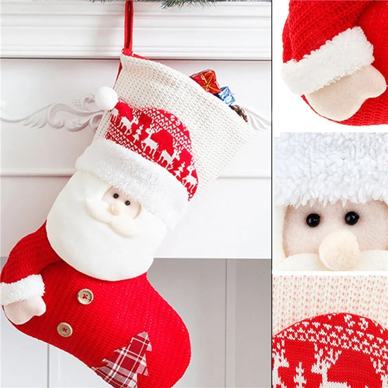 Cozy knit Christmas stocking with classic Santa Claus or whimsical snowman design for festive fireplace and tree decor
