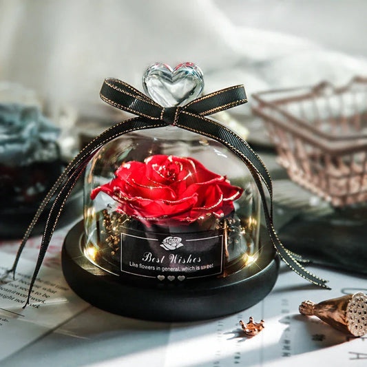 Enchanting Eternal Rose with LED lighting in a glass display, showcasing its timeless beauty and elegant design