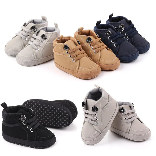 Soft-soled non-slip toddler shoes in brown, grey, and navy blue