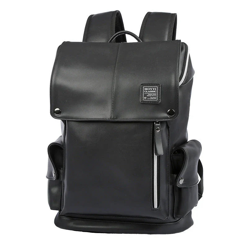 Premium PU leather backpack in black and white colours, featuring a spacious main compartment and multiple pockets for excellent organisation.