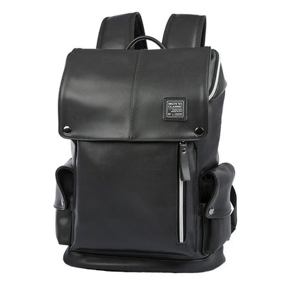 Premium PU leather backpack in black and white colours, featuring a spacious main compartment and multiple pockets for excellent organisation.