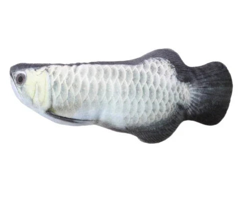 Soft, durable and realistic cat plush toy in the shape of a fish pillow, available in various sizes and designs.