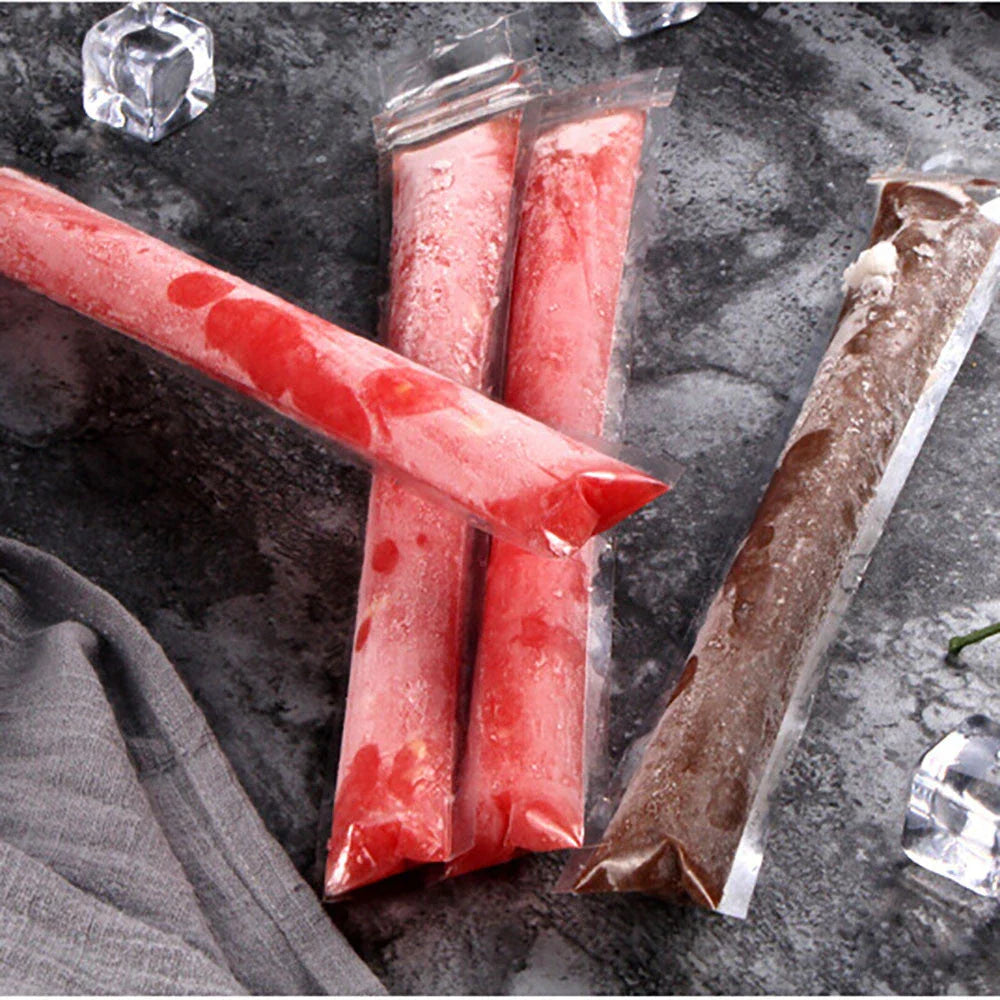 Disposable popsicle molds made of durable plastic with self-sealing design, allowing you to easily make homemade frozen treats in a variety of flavors